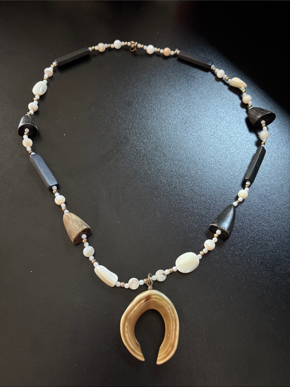 Handcrafted Shell & Wood Pendant Necklace - Ivory and Black